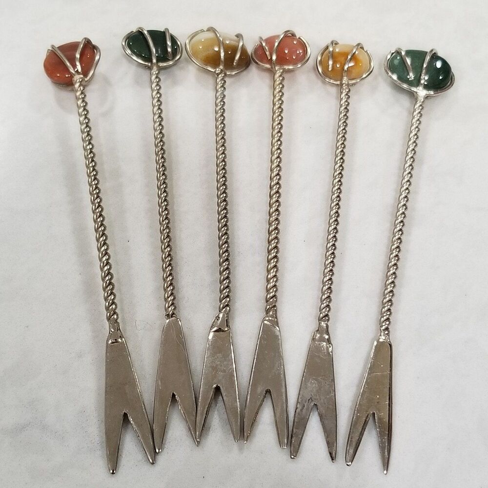 Gemstone polished stoned silver (sterling?plated?)cocktail pick 6 count